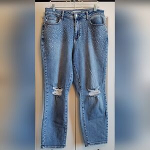 Judy Blue Jeans Women 14W Plus Denim Diamonds Rhinestone Slim Fit Distressed